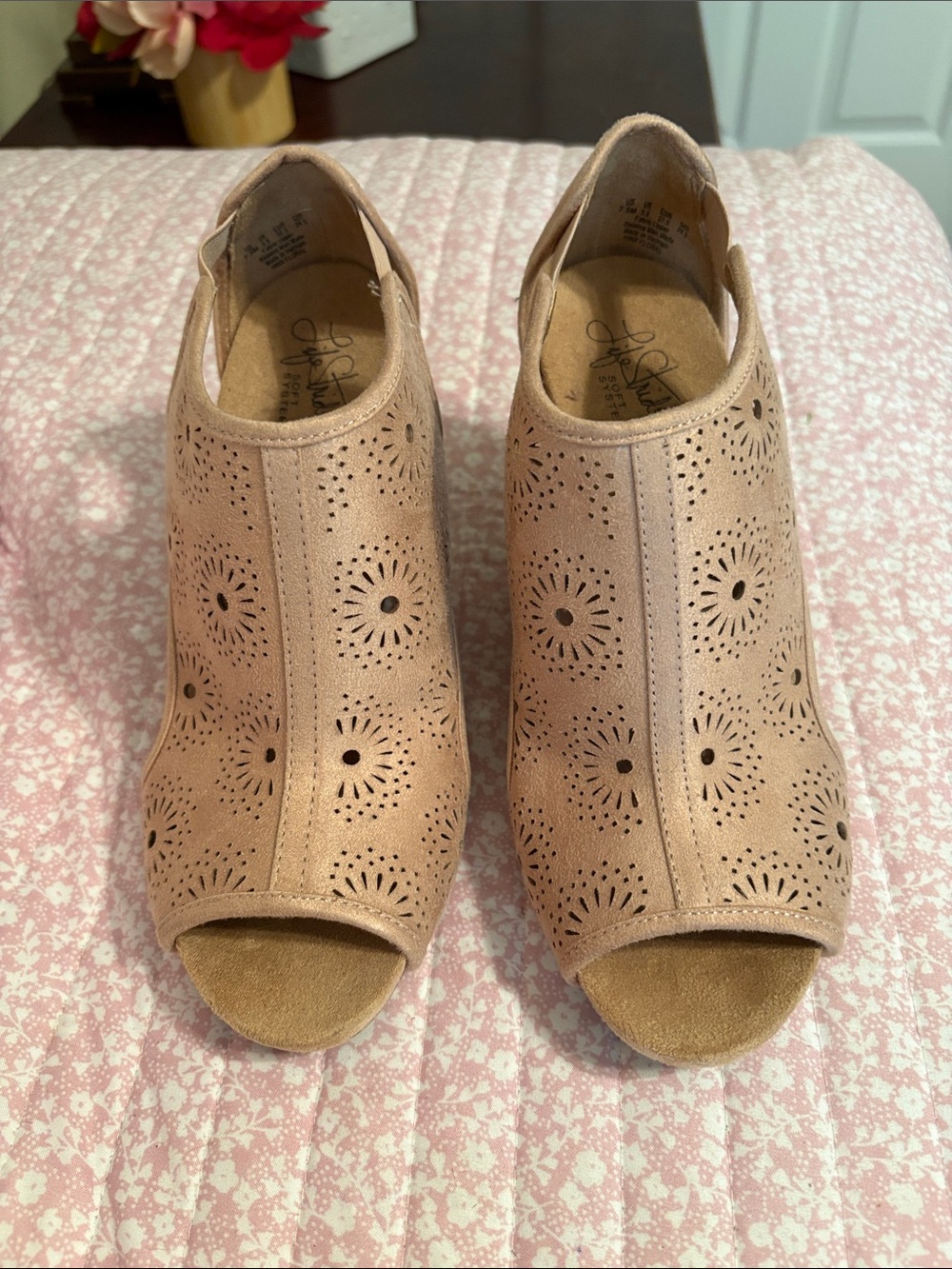 Life Stride Blush Pink Laser-Cut Peep-Toe Mules